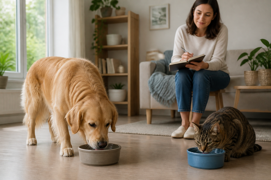 Dog and cat near separate clean water bowls in a calm home