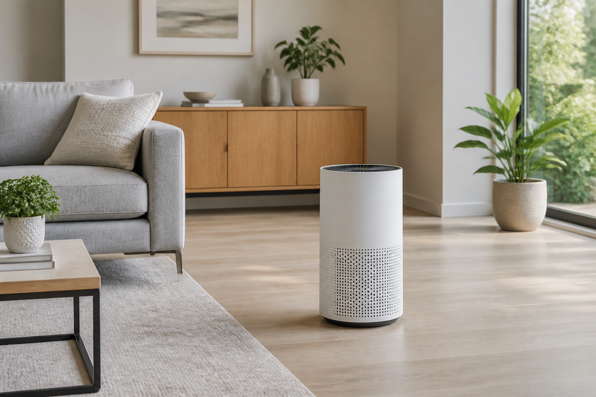 Air purifier standing in an open area beside living room furniture