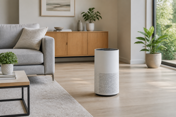 Air purifier standing in an open area beside living room furniture