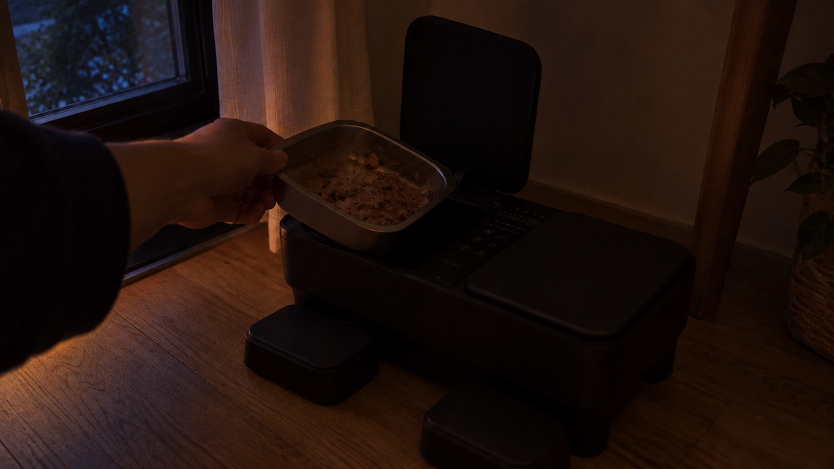 A hand lifting a food bowl from an unpowered feeder in a dark room with faint ambient light