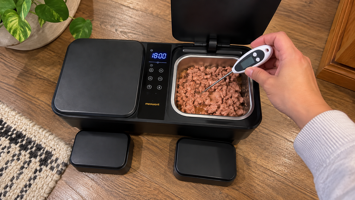 A hand checking wet food in a feeder bowl with a probe thermometer, its reading angled away from the camera