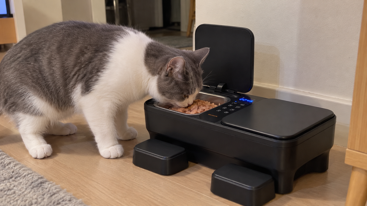 A cat eating wet food from the open bowl of a feeder