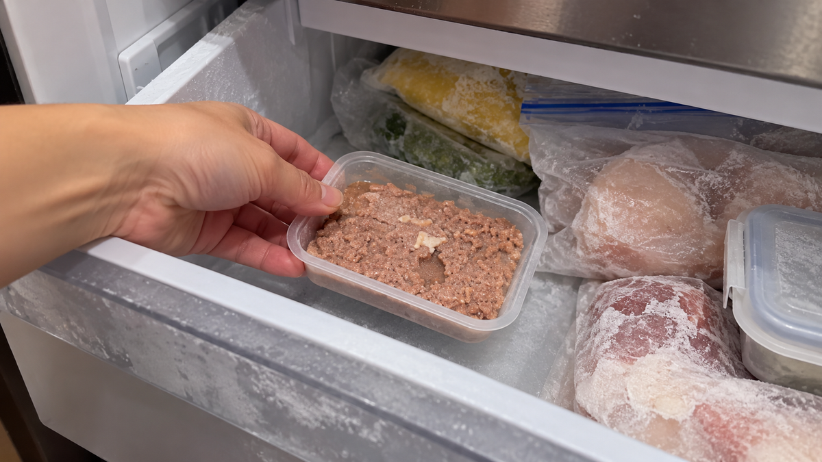 A hand placing a shallow portion of wet food into a freezer drawer
