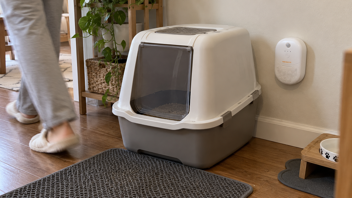 A person walking past a covered litter box beside a compact wall-mounted deodorizer