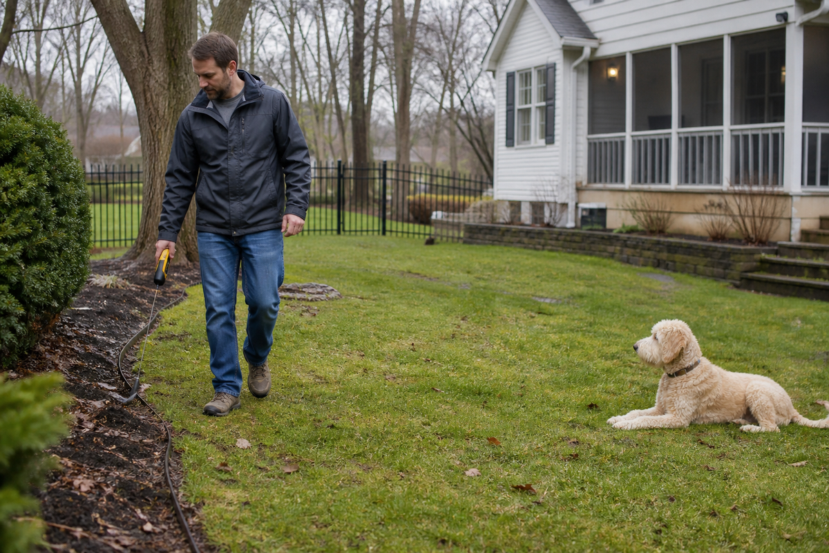 Dog owner inspecting a yard boundary after seasonal weather changes