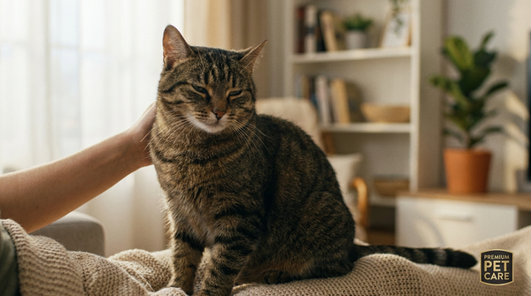 A cat with a healthy, full coat being gently examined by a caring owner