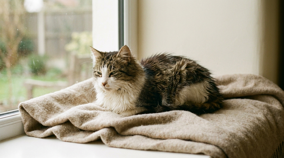Cat with unkempt, matted fur sitting quietly indoors