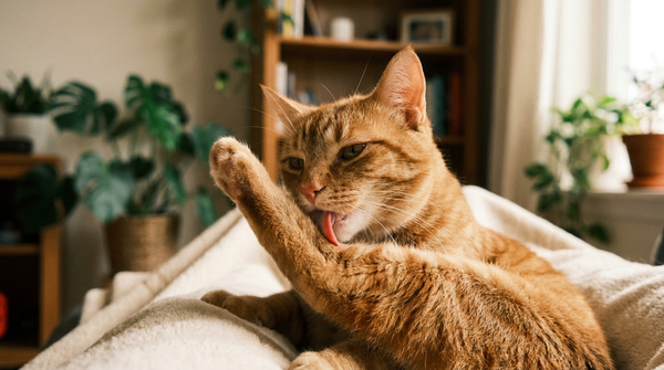 Cat grooming itself with focus on natural coat care behavior