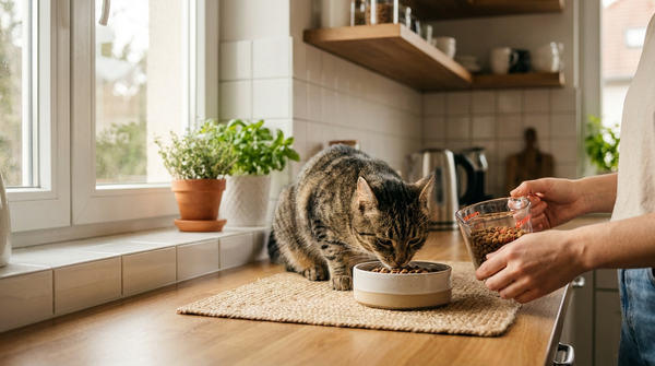 Cat eating from a bowl while owner observes with concern