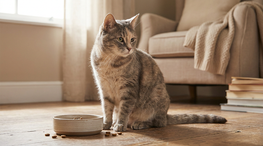 Cat sitting near food bowl in a quiet household setting