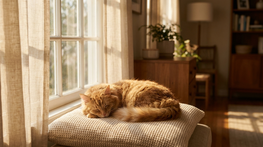 A cat sleeping peacefully in a quiet home environment