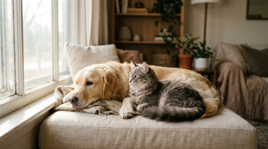 A calm dog and cat side by side, displaying relaxed body language and attentive expressions
