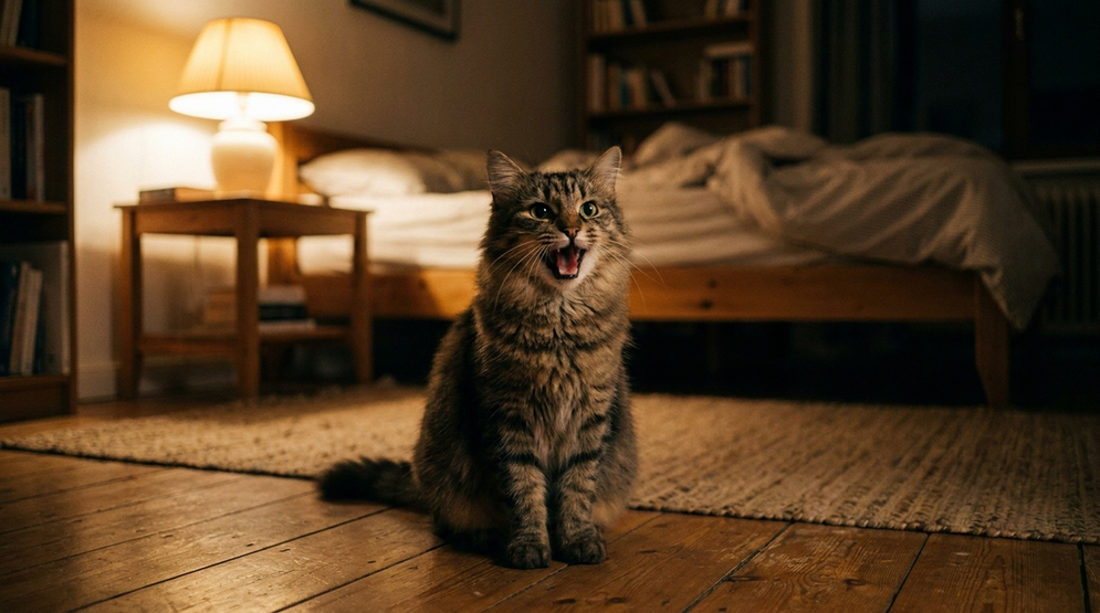 A cat sitting upright and vocalizing at night in a softly lit bedroom