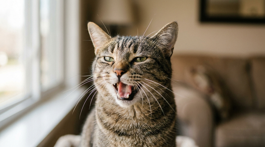 Close-up of a domestic cat with an open mouth, mid-meow, showing expressive communication.