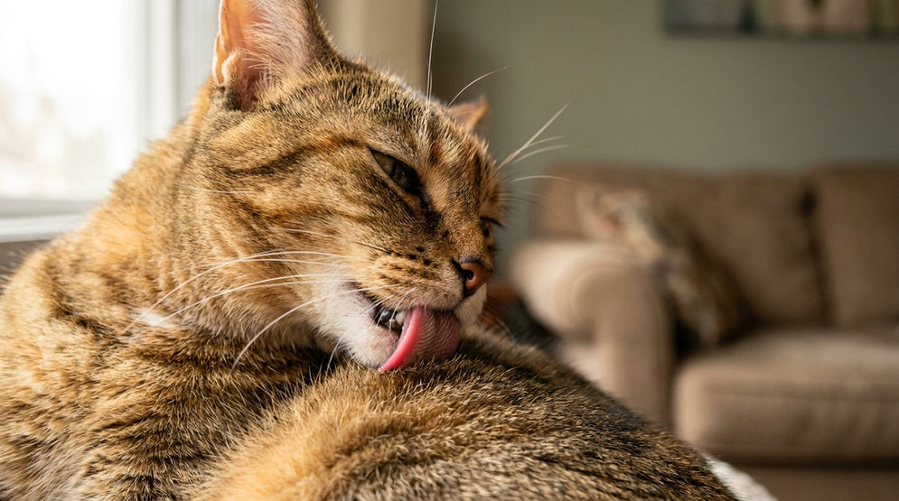 Cat grooming its fur with focused attention, showing normal and excessive grooming behavior