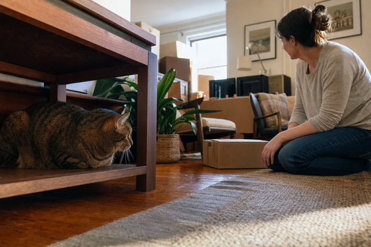 Quiet cat sheltering near moving boxes while an owner calmly gives it space