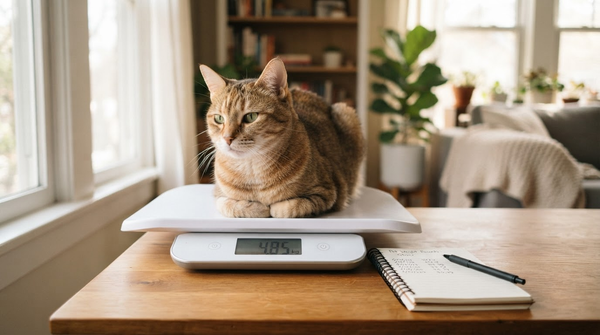 A cat sitting calmly on a digital scale beside a notebook and pen
