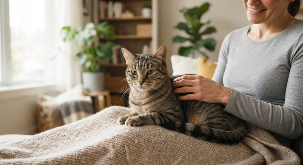 Cat resting calmly during a home body condition check