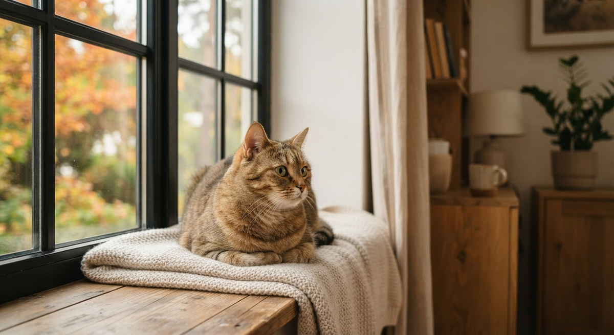 Cat resting indoors beside a window showing seasonal change outside