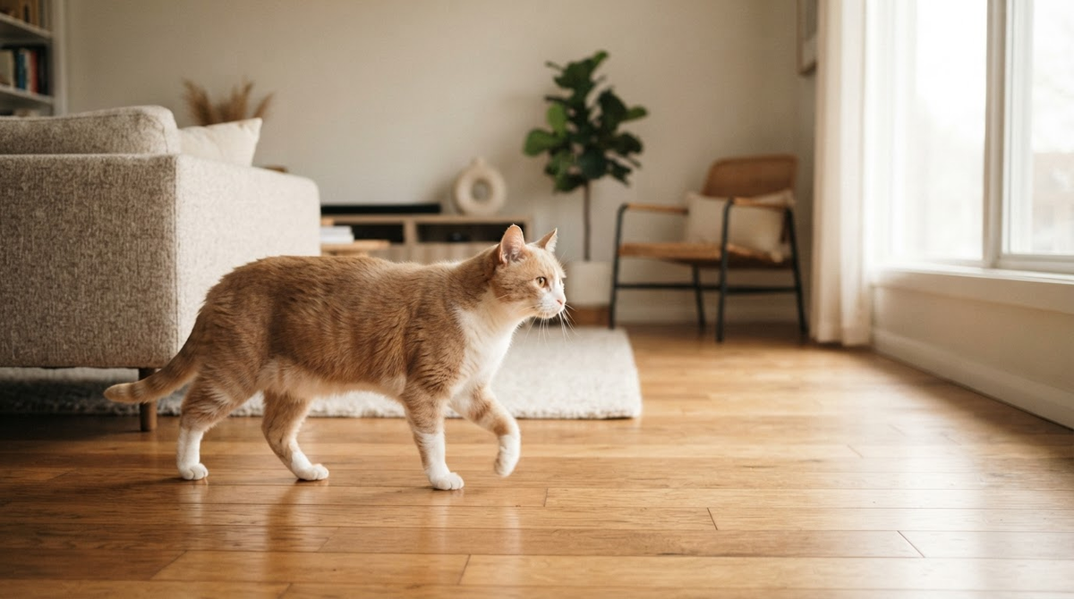 Cat walking naturally across a sunny living room floor