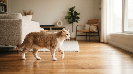 Cat walking naturally across a sunny living room floor