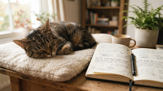 Cat resting on a cushion beside an open notebook with daily observation entries