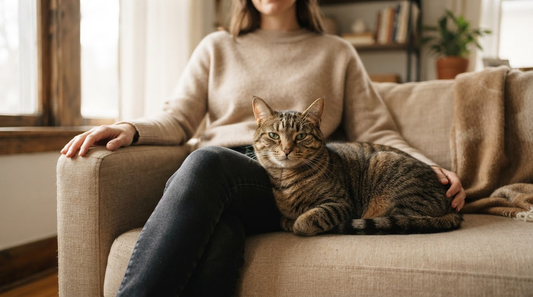 A cat sitting close to its owner, showing affectionate behavior