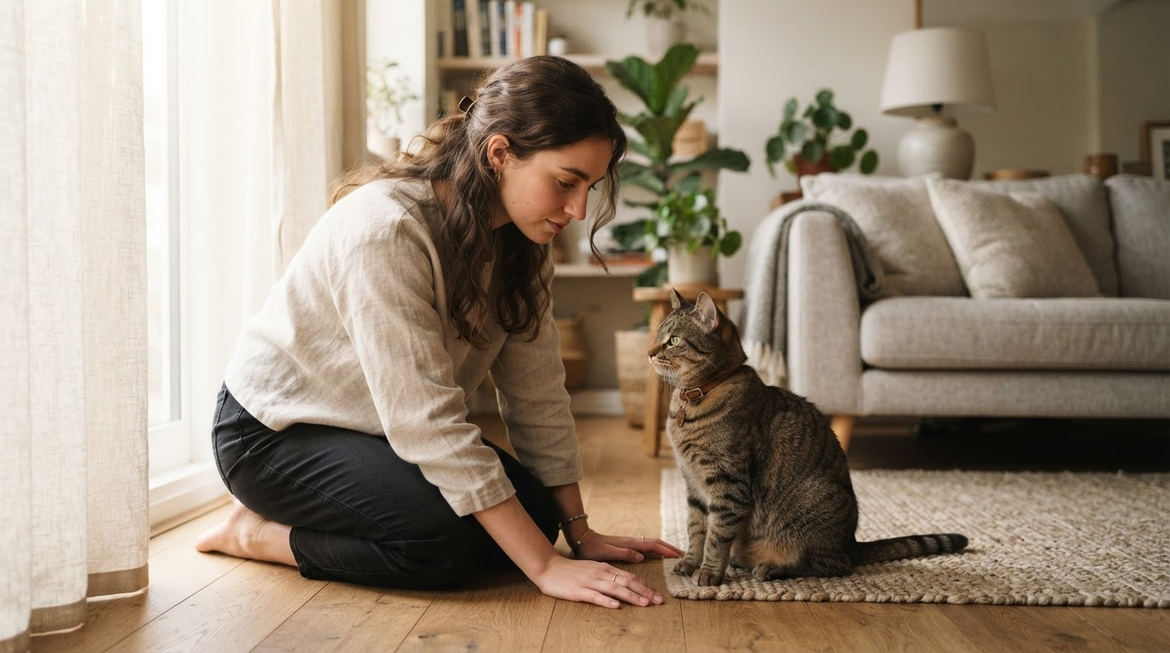 Cat owner observing their pet\'s behavior closely in a calm home environment