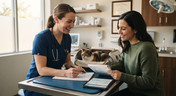 Cat owner reviewing behavior notes with veterinarian during a clinic visit
