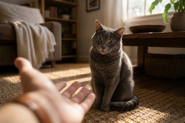 A gray cat sits on a living room rug, owner\'s hand reaches gently toward it.