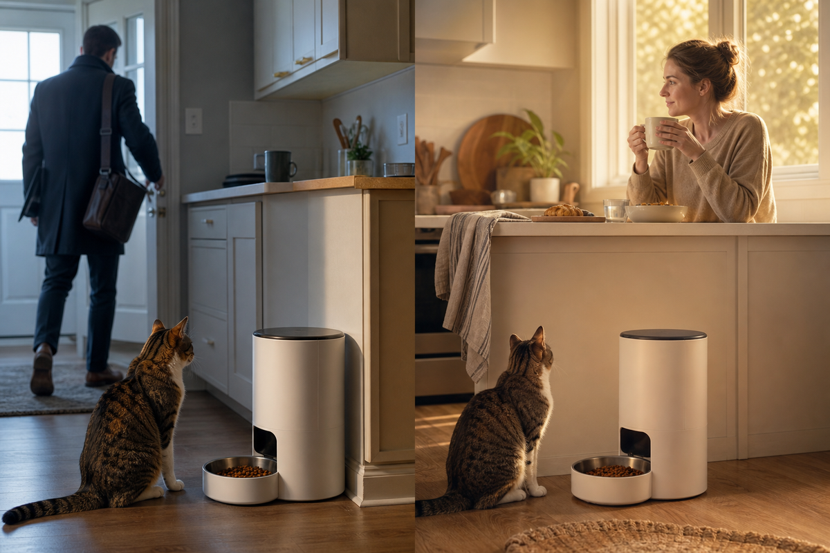 Cat feeder remaining consistent across an early weekday and slower weekend morning