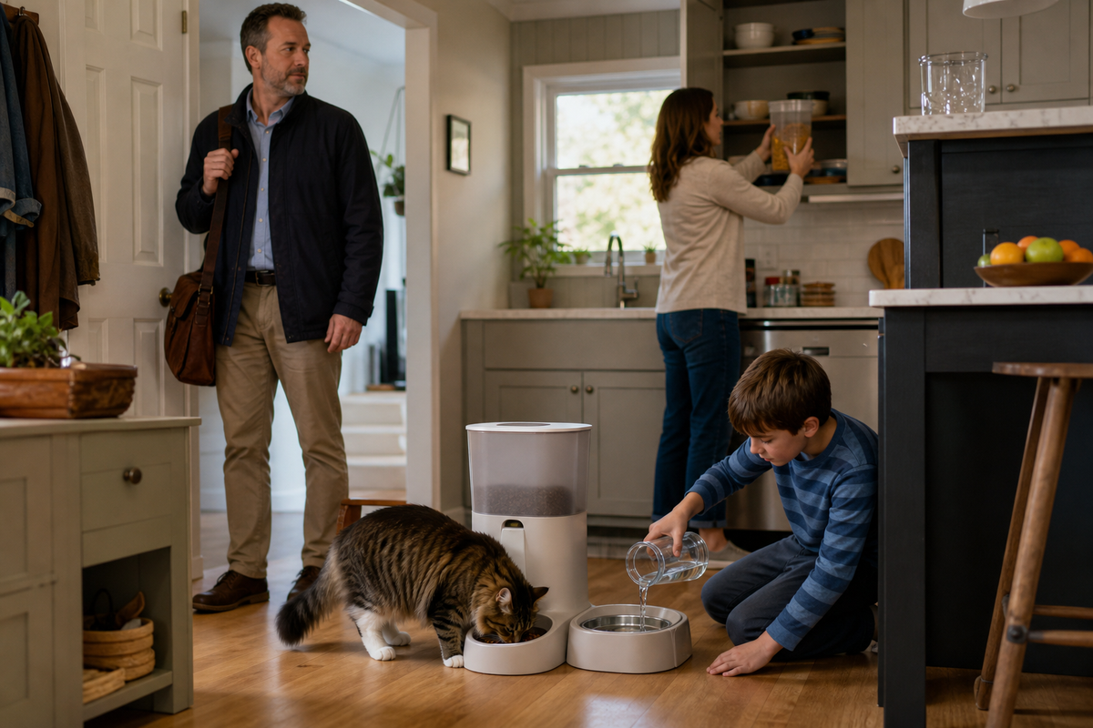 Family coordinating measured food, fresh water, and an automatic feeder before work