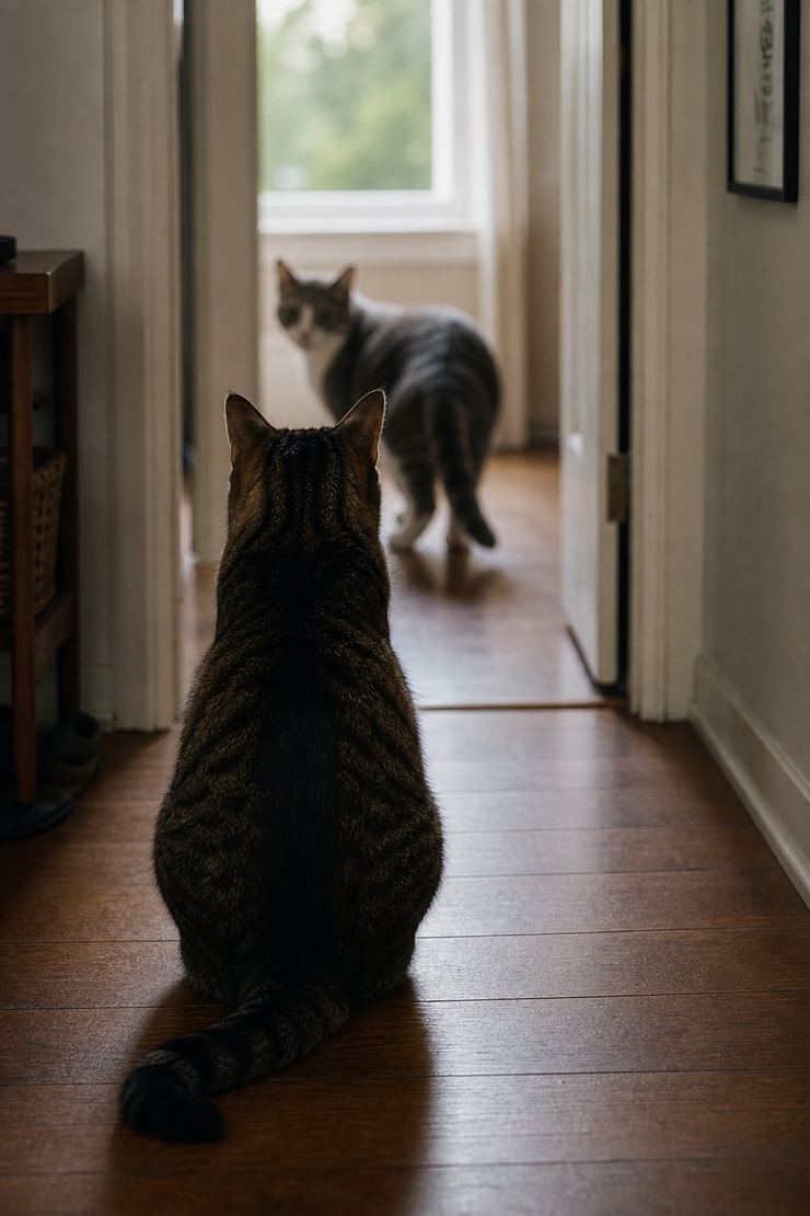 One cat sits in a doorway as another cat hesitates, body angled away, in a sunlit hallway.