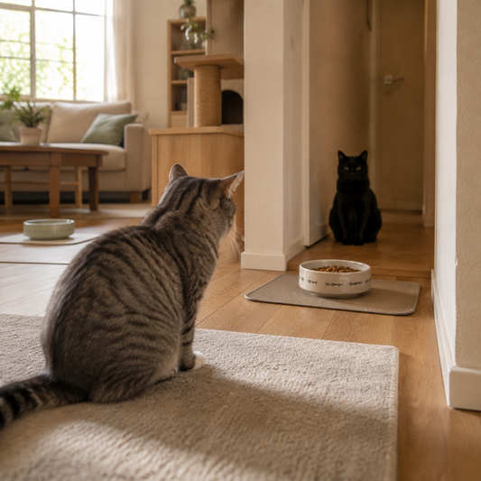 Gray tabby cat staring at a food bowl while a black cat sits in the hallway blocking the path.