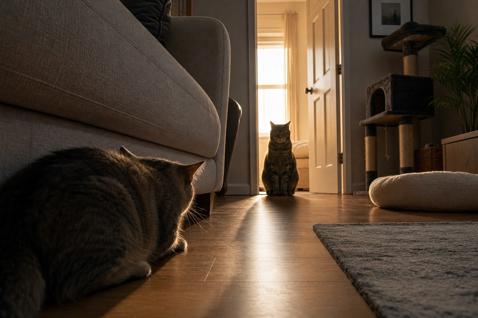 One cat sits in a doorway while another cat crouches in the foreground, watching nervously.