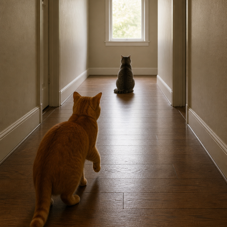 Two cats in a hallway: one sits calmly, the other stands still and looks hesitant.