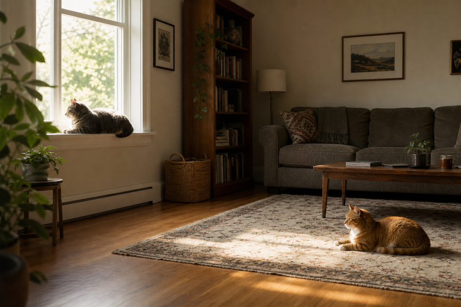 Two cats in separate areas of a bright room, avoiding each other.