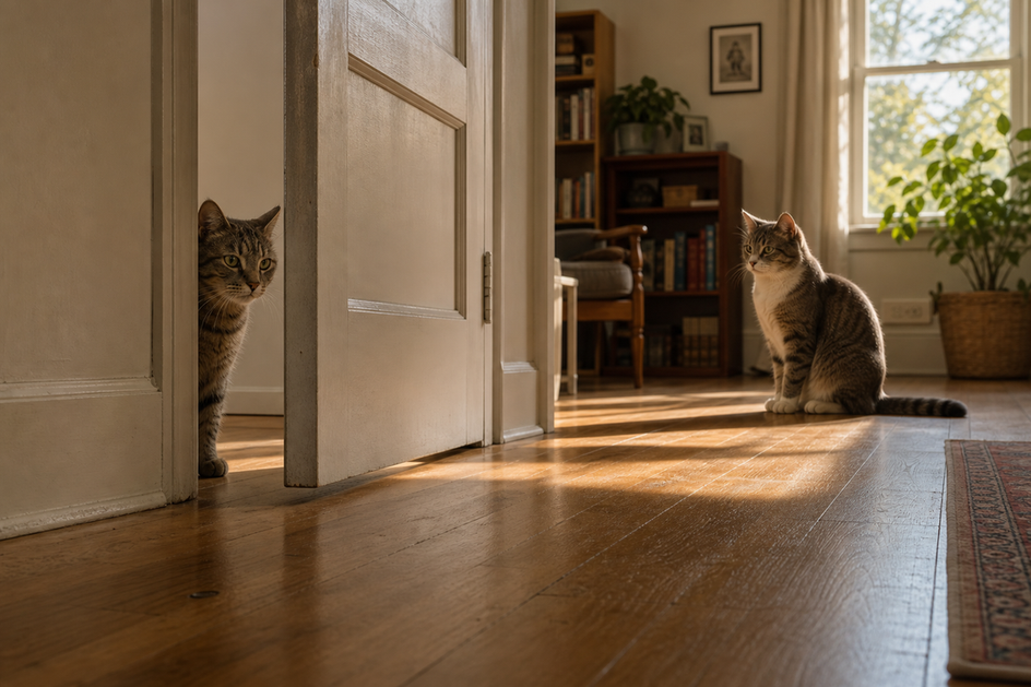 Two cats with a door between them, one sitting calmly, the other peeking with relaxed ears and tail.