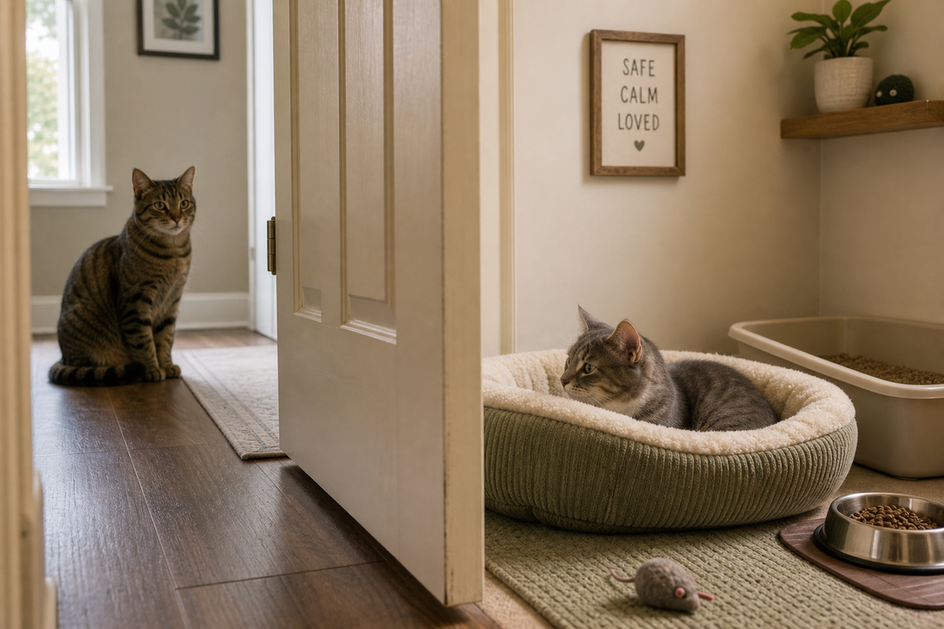 Cat resting in a separate room with its own resources, another cat sitting outside the closed door.