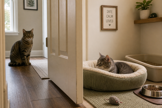 Cat resting in a separate room with its own resources, another cat sitting outside the closed door.