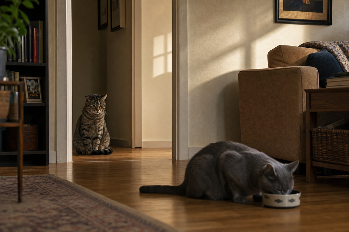 Tabby cat watches from doorway as gray cat eats alone in living room.