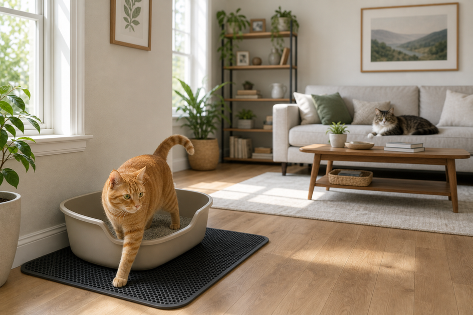 Orange tabby cat inside a litter box in a sunny living room, another cat resting on a sofa across the room