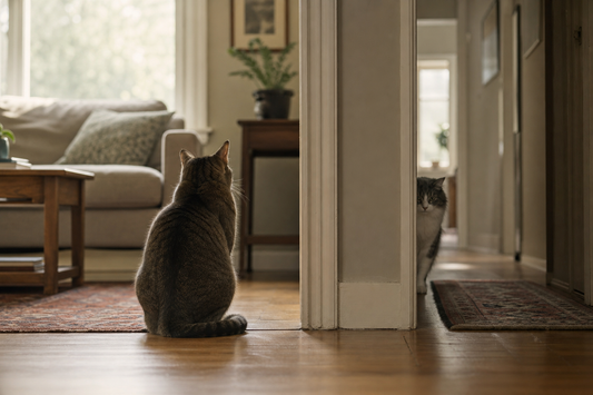 One cat sits near a doorway; another cat waits in the hallway, half-hidden.