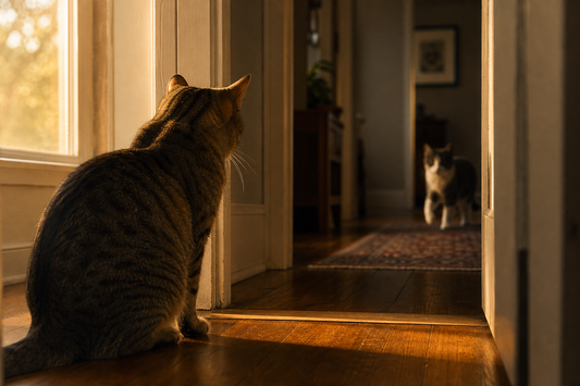 A cat sits in a doorway staring down a hallway where another cat pauses with lifted paw.