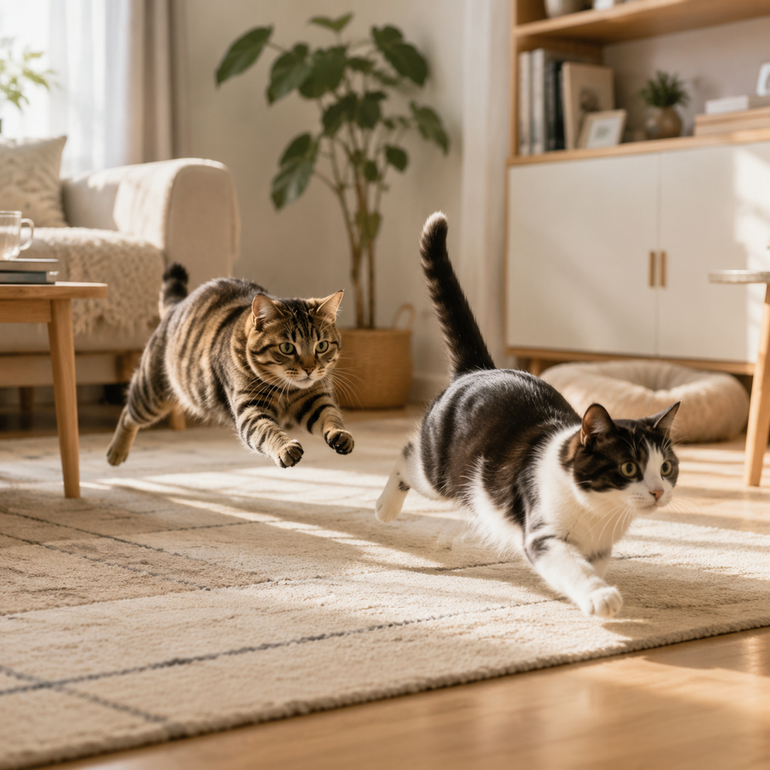 Two cats running across a living room floor, one chasing the other, ears forward, tails relaxed.