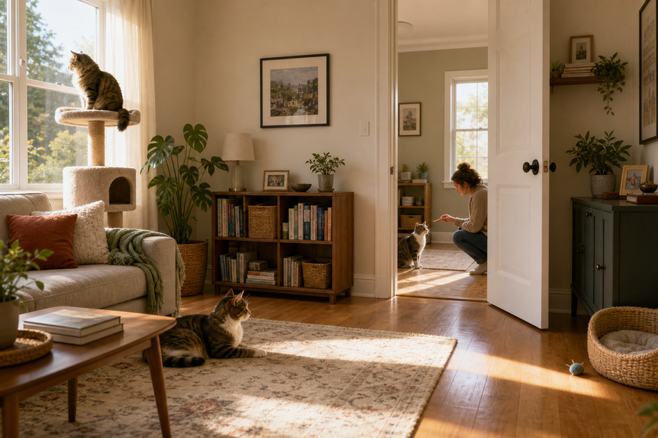 Three cats in a sunlit room, one separated behind a door, others on furniture