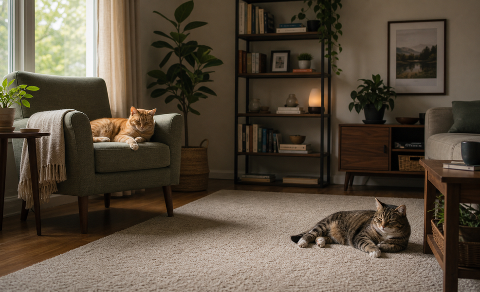 Two cats resting in separate areas of a sunlit living room, calm and not interacting.