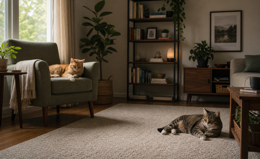 Two cats resting in separate areas of a sunlit living room, calm and not interacting.