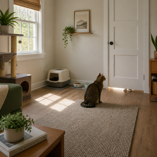 A cat in a separate room with its own resources, looking toward a closed door where another cat\'s paws are visible.