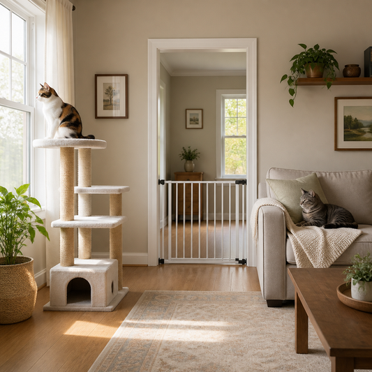Calico cat on cat tree, gray tabby on sofa, baby gate between them in sunlit room
